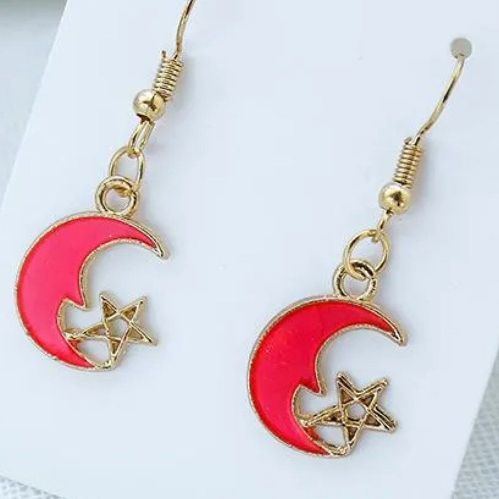 NEW MOON & STARS Dangling EARRINGS HOT PINK GOLD JEWELRY - EARTH OUTERSPACE